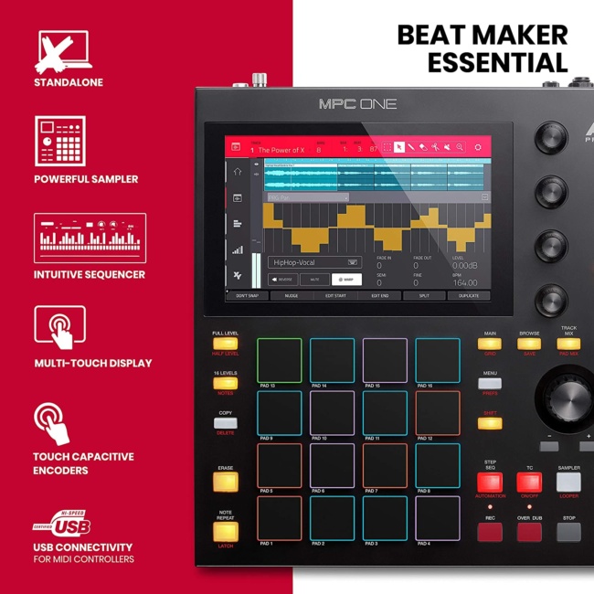 Akai Professional MPC One – Drum Machine, Sampler & MIDI Controller with Beat Pads, Synth Engines, Standalone Operation and Touch Display features